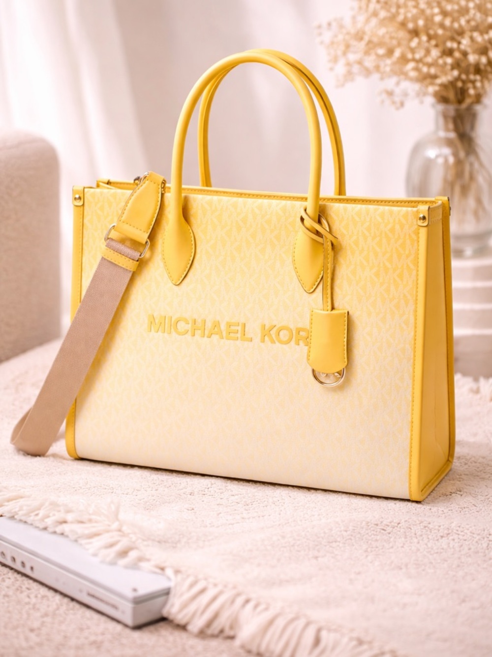 Michael Kors Mirella Ombre Logo Tote Lemon Yellow structured Crossbody Tote New
